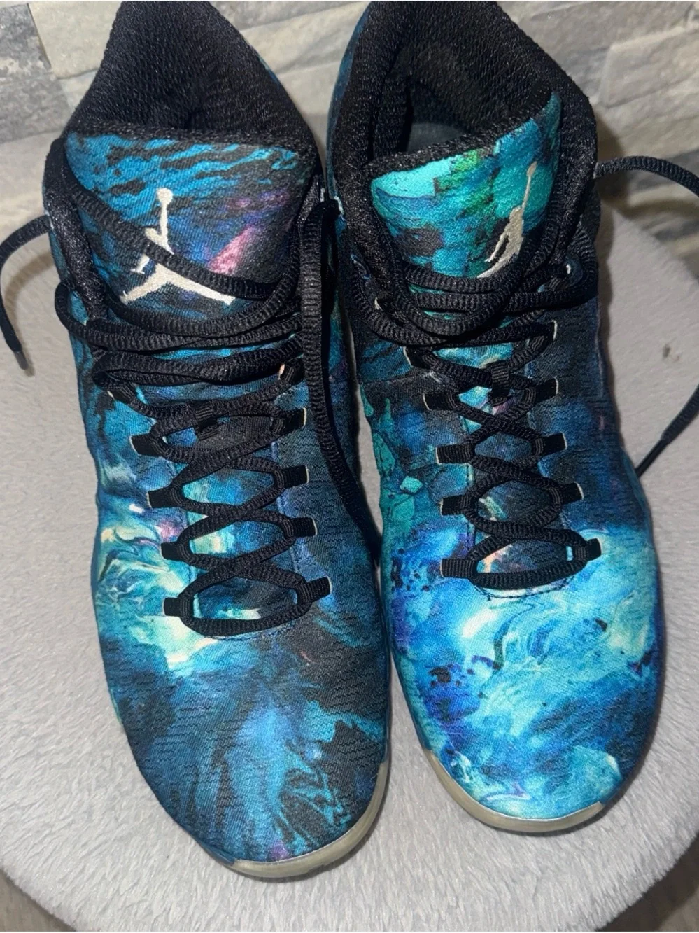 Jordan Men’s High-Top Athletic Shoes in Teal and Black Abstract Print
